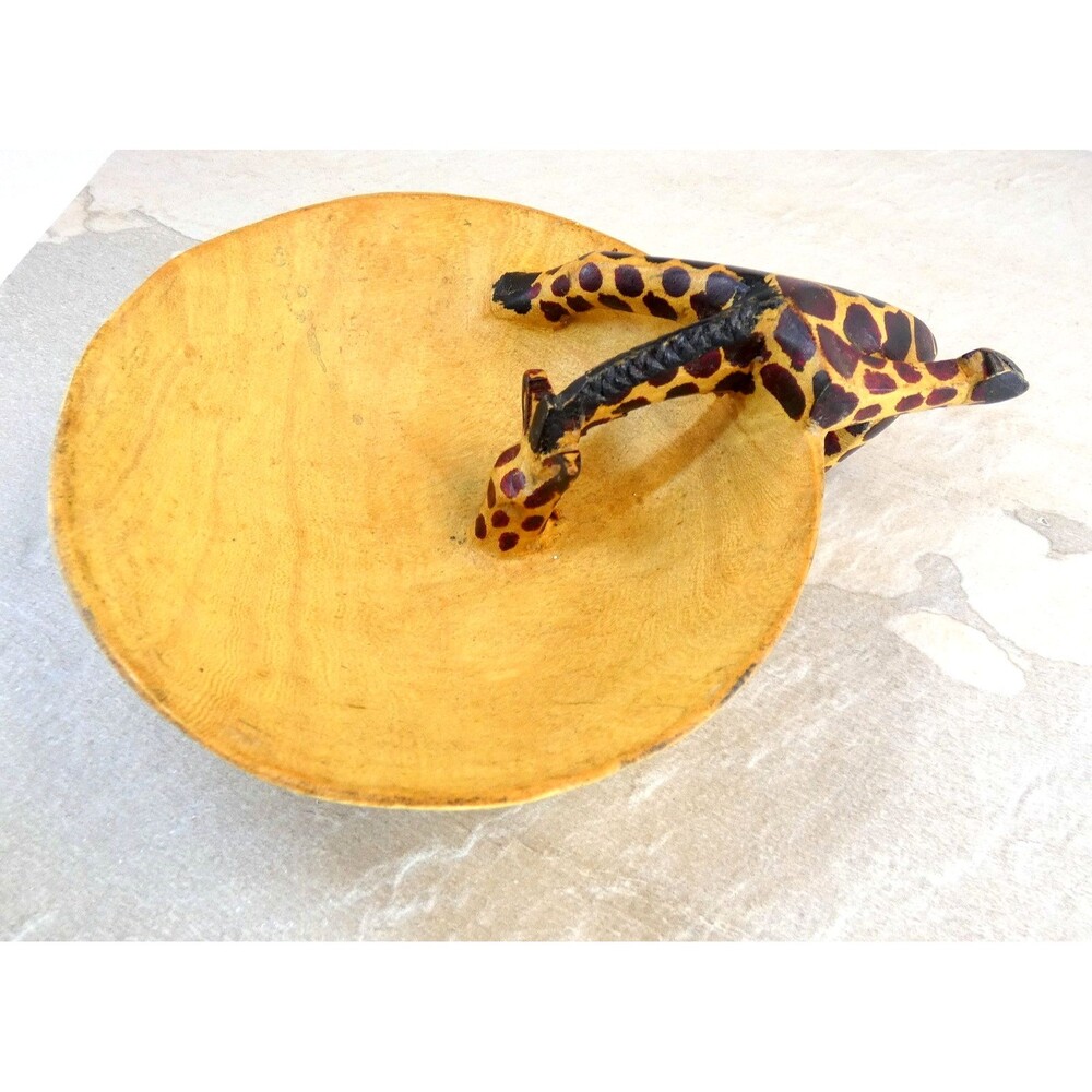 VTG Hand Carved Giraffe Wood Bowl African Folk Art Trinket Bowl